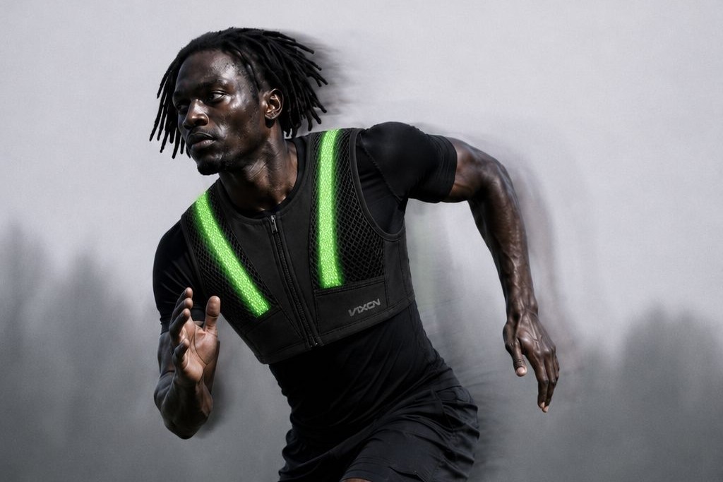 Atleta entrenando con el chaleco Vixon y sus LEDs verdes